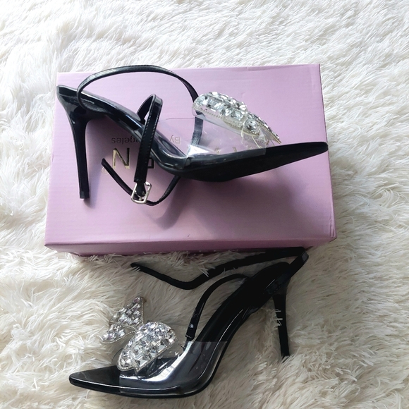 Kayleen LA Rhinestone Bow Heels Black Pointed Toe Slingback Sandals Size 7.5 NIB - Picture 7 of 9
